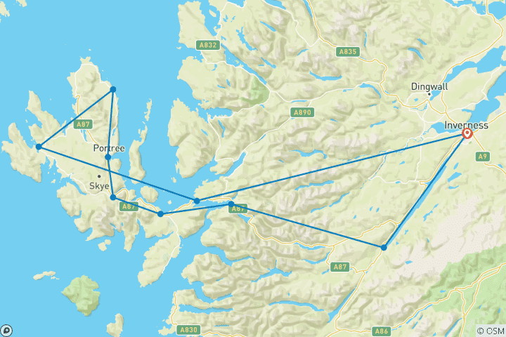 Carte du circuit L'île de Skye, les Fairy Pools et les châteaux des Highlands