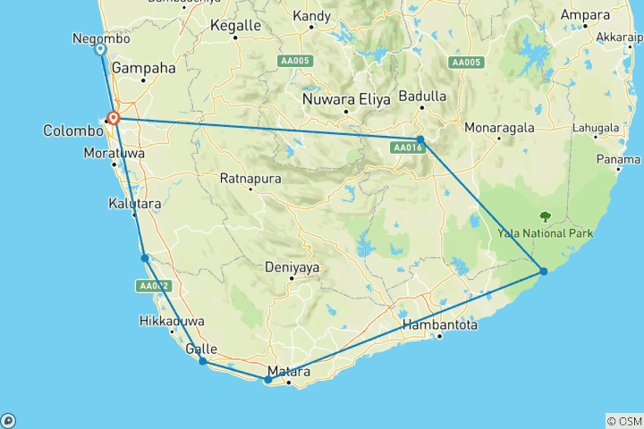 Mapa de Sri Lanka Sur/Oeste 6 días [Colombo/ Mirissa/Yala/Ella]