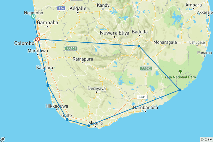 Map of Sri lanka South/ West 6 days [Colombo/ Mirissa/Yala/Ella]