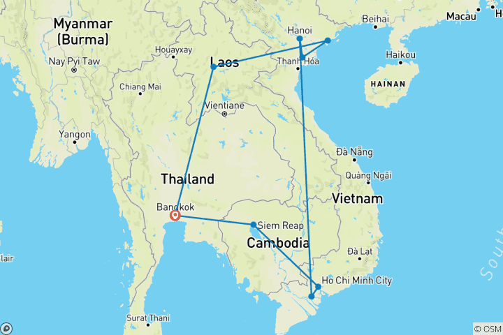 Karte von Rundreise Indochina 16 Tage - Thailand /Vietnam/Kambodscha und Laos