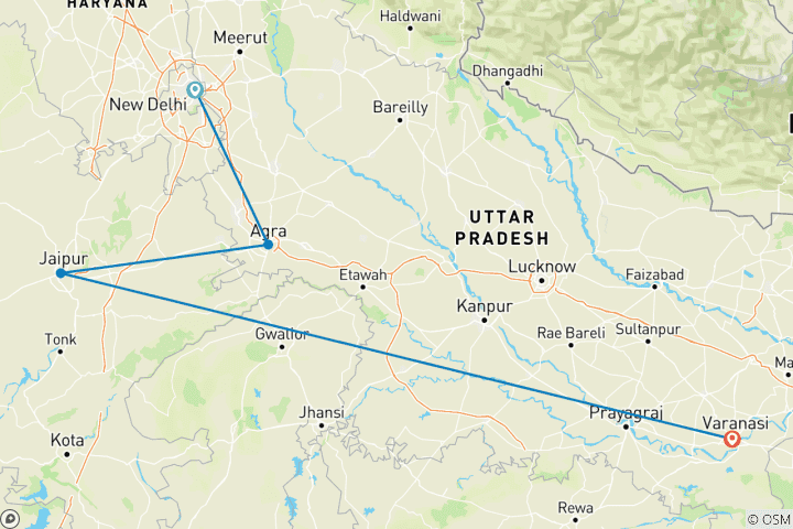 Carte du circuit 7 jours Triangle d'Or avec Varanasi et Taj Mahal Lever/coucher du soleil
