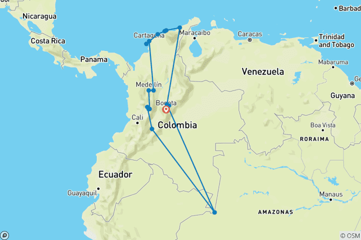 Map of Fly Colombia 20 Days Tour