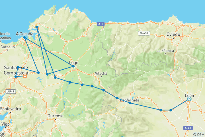 Karte von Französischer Jakobsweg von León nach Santiago (18 Tage)