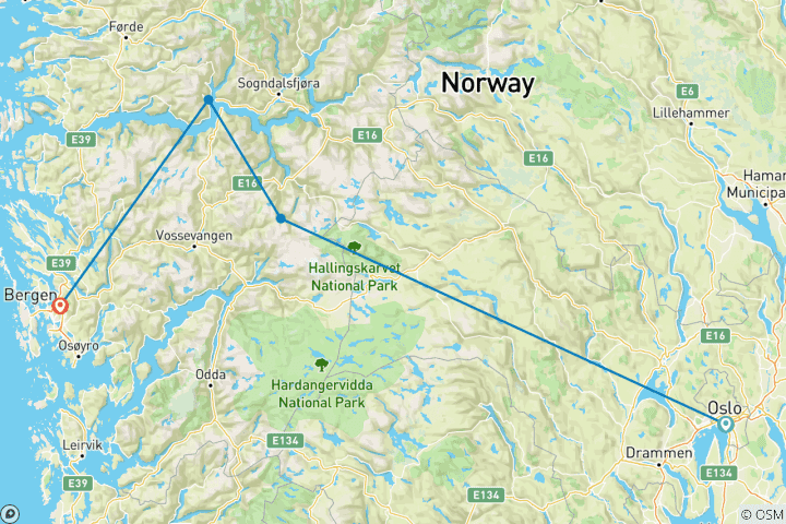 Carte du circuit Excursion privée sur mesure en Norvège dans le pittoresque Sognefjord