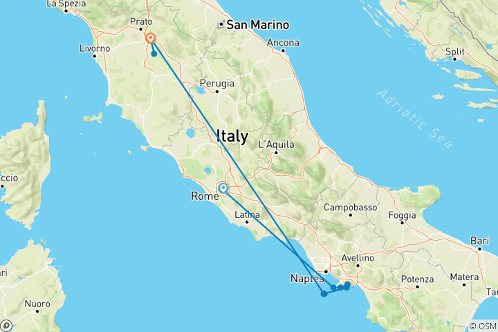 Carte du circuit 11 jours à Rome, sur la côte amalfitaine et à Florence pour une voyageuse en solo