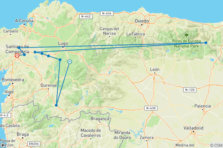 Karte von Französischer Jakobsweg von Sarria nach Santiago in kurzen Etappen (12 Tage)