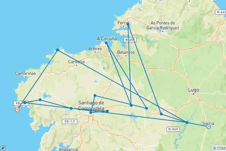 Karte von Französischer Jakobsweg von Sarria nach Finisterre (12 Tage)