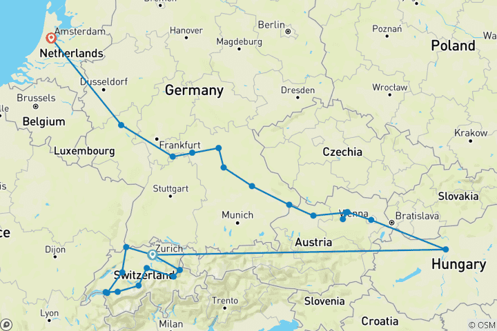 Mapa de El espíritu festivo de Suiza con la magnífica Europa Zúrich → Ámsterdam (2024)