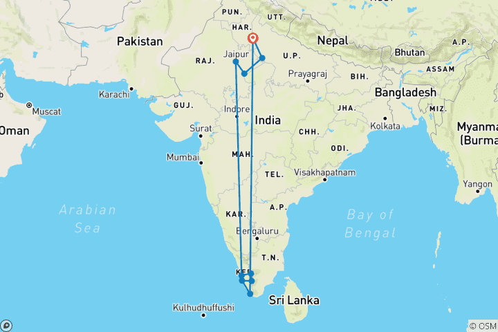 Map of Gems of the North and South India, flights included