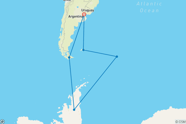 Carte du circuit Antarctique, Géorgie du Sud et îles Falkland (départ de Buenos Aires, fin à Buenos Aires, 2024-2025)