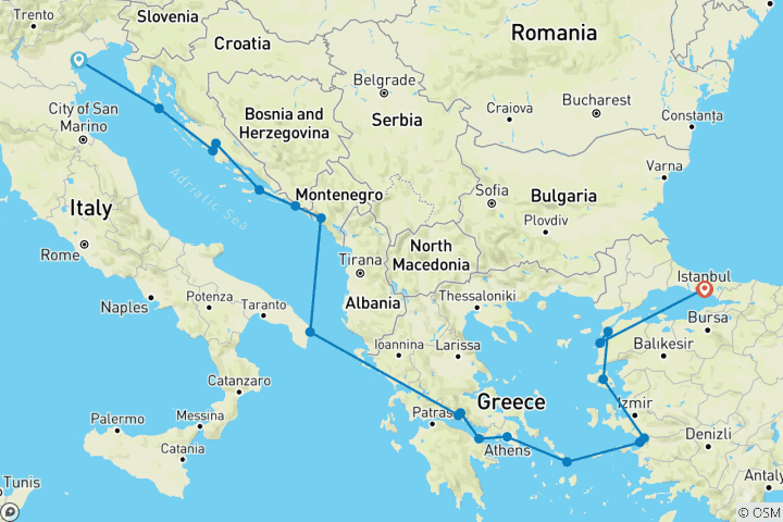 Kaart van De Adriatische & Egeïsche Zee – met verblijf in Istanbul – van Venetië naar Istanbul – 2024