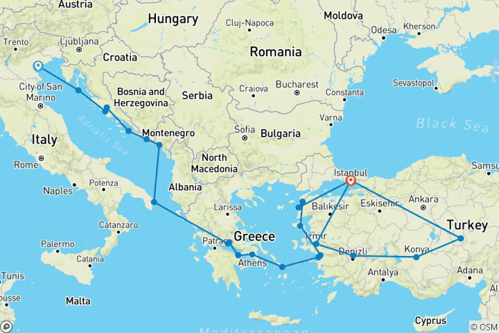 Carte du circuit Les trésors de la Turquie avec Adriatic and Aegean Seas Venise → Istanbul (2024)