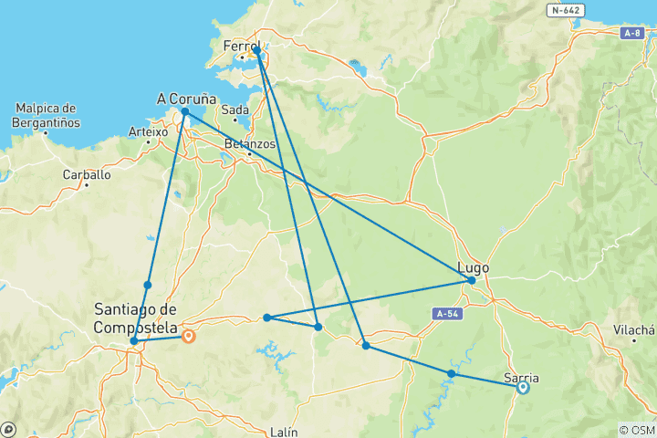 Map of French Way of Saint James from Sarria to Santiago de Compostela with Melide (8 days)