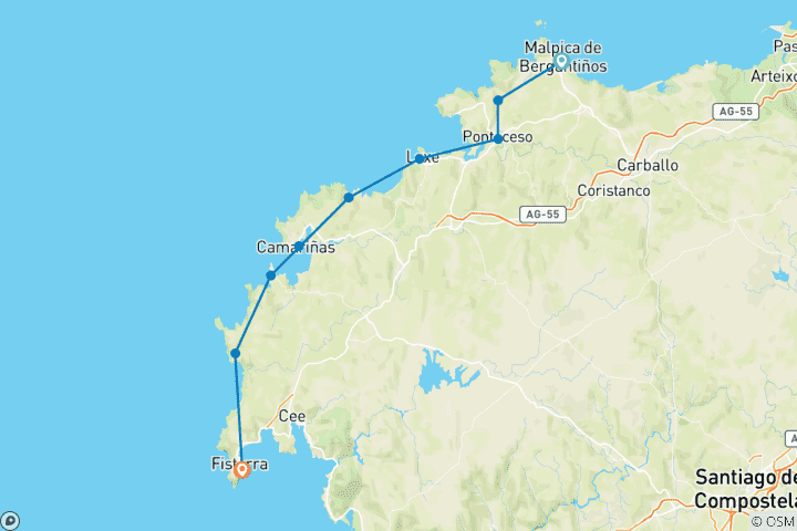 Kaart van De vuurtorenroute – van Malpica naar Fisterra – 10 dagen