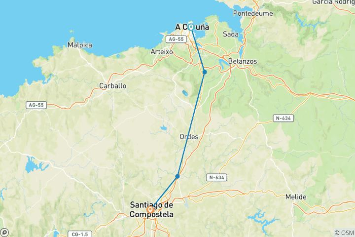 Karte von Englisch Jakobsweg von Coruña nach Santiago (6 Tage)