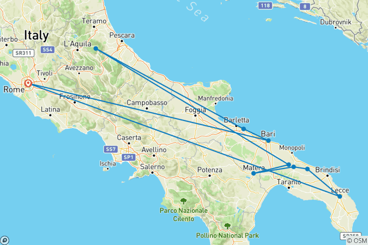 Carte du circuit Rome et les Pouilles - 9 jours - petit groupe