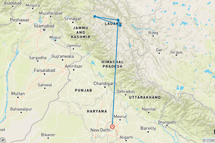 Map of 14 Days Snow Leopard India Tour