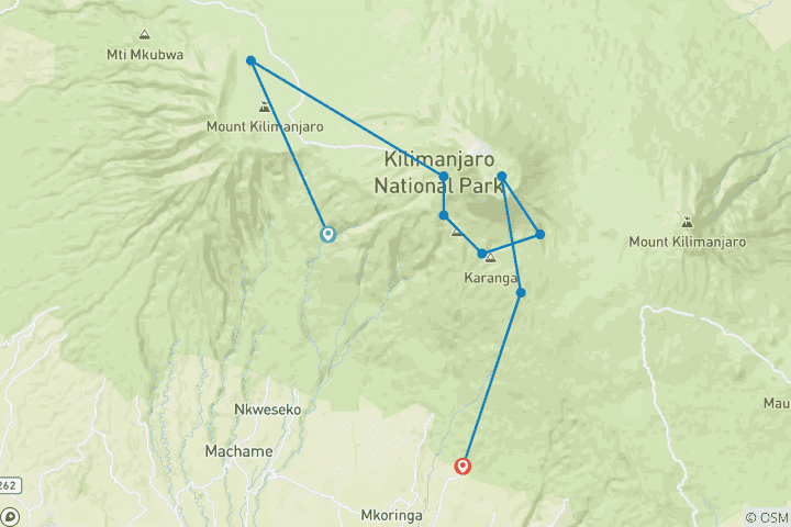 Map of 9 days Mount Kilimanjaro Climb Through Machame Route.(all Accommodation & Transport are included)