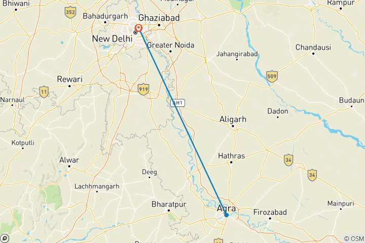 Karte von Von Delhi nach Agra mit dem AC-Schnellzug Tagesausflug