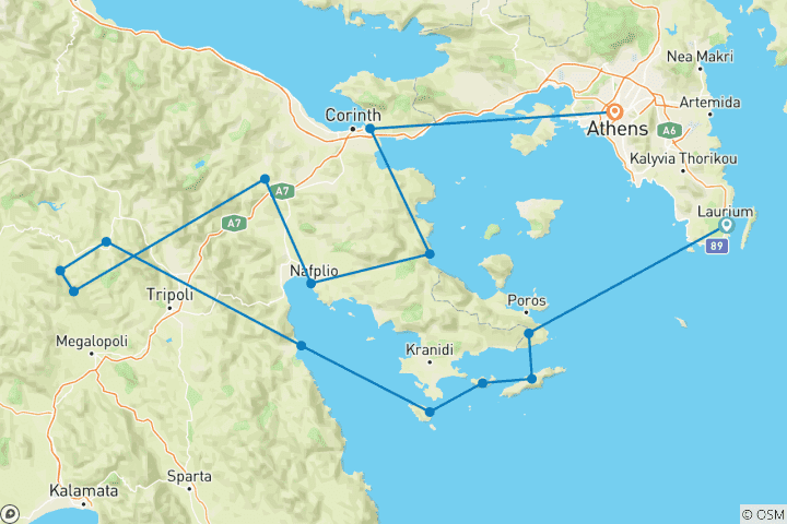 Carte du circuit Aventure en mer et en montagne guidée : Les îles Saroniques et les montagnes du Péloponnèse