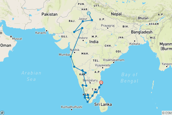 Carte du circuit De New Delhi au sud de l'Inde en train - 34 jours