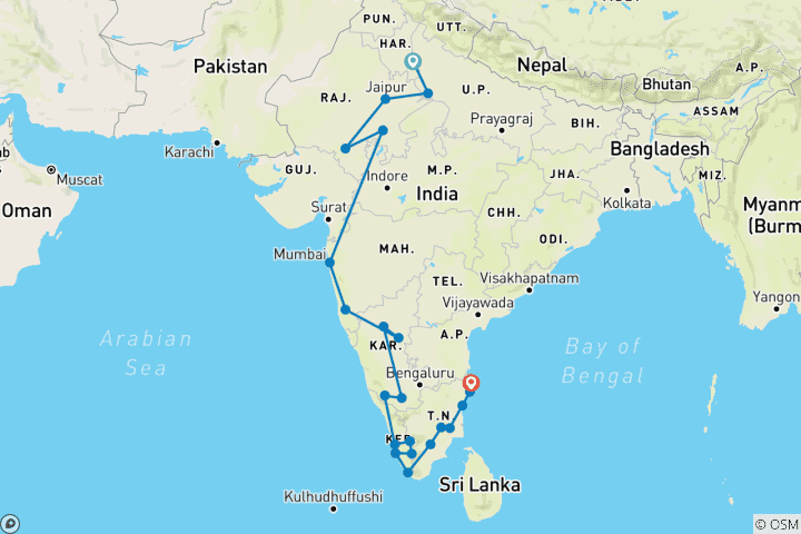 Map of New Delhi To South India By Rail [34 Days]