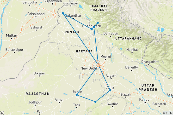 Carte du circuit Triangle d'or et Amritsar - 15 jours