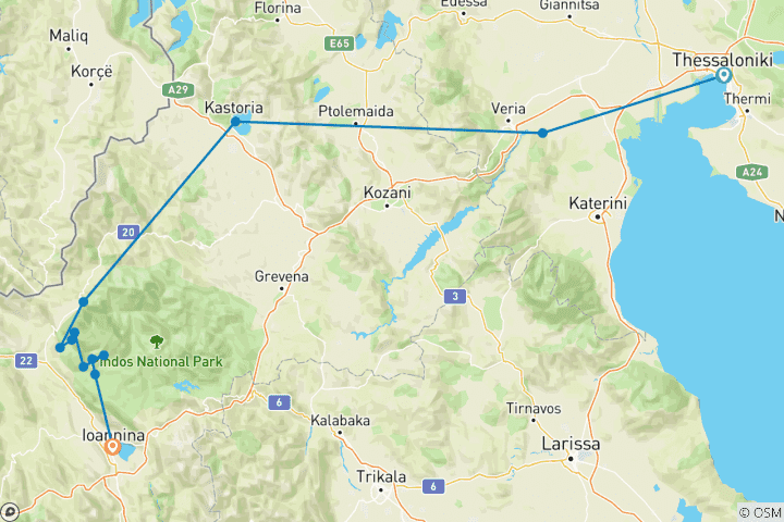 Mapa de Grecia Zagori UNESCO pueblos de montaña de piedra y antiguos puentes de piedra en 14 días. Viaje por carretera de Tesalónica a Ioannina. Historia, cultura, naturaleza, arquitectura y gastronomía.