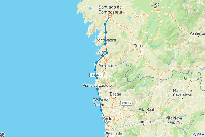 Mapa de Camino de Santiago Portugués por la costa de Oporto a Santiago