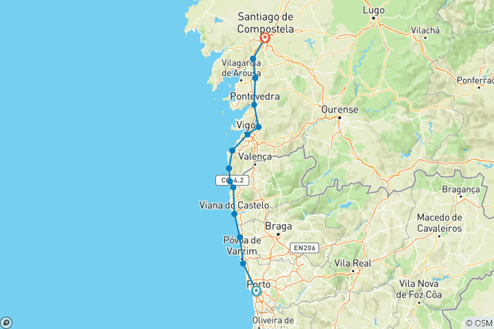 Map of Hiking on the Way of St. James Along the Portuguese Coast