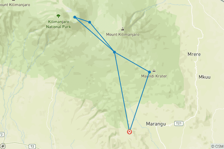 Map of 8 days Mount kilimanjaro climbing through marangu route.(all Accommodation & Transport are included)