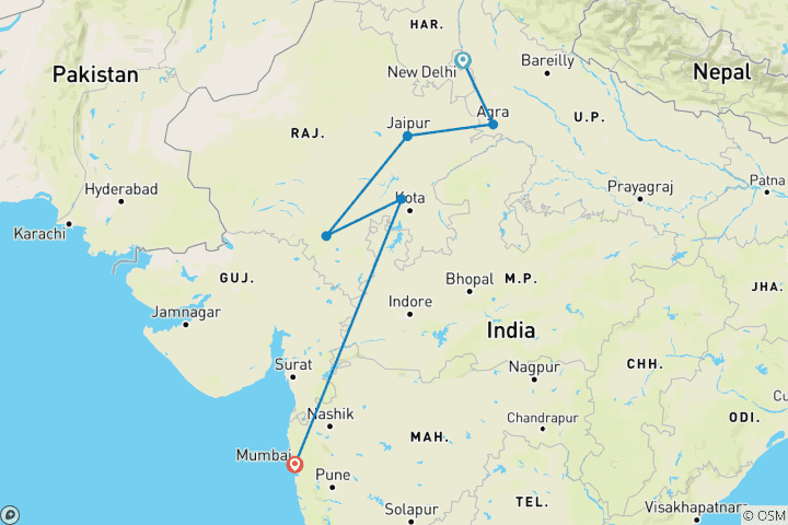 Karte von Von Neu Delhi nach Rajasthan mit Mumbai mit der Bahn [10 Tage]