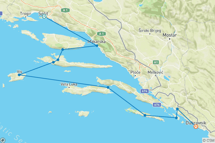 Kaart van Zuidelijke Parels (split Naar Dubrovnik) Premium