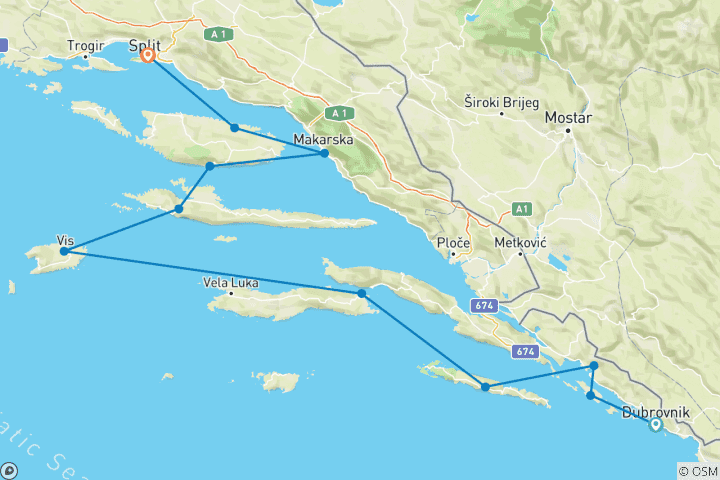 Kaart van Zuidelijke Parels (dubrovnik Naar Split) Premium