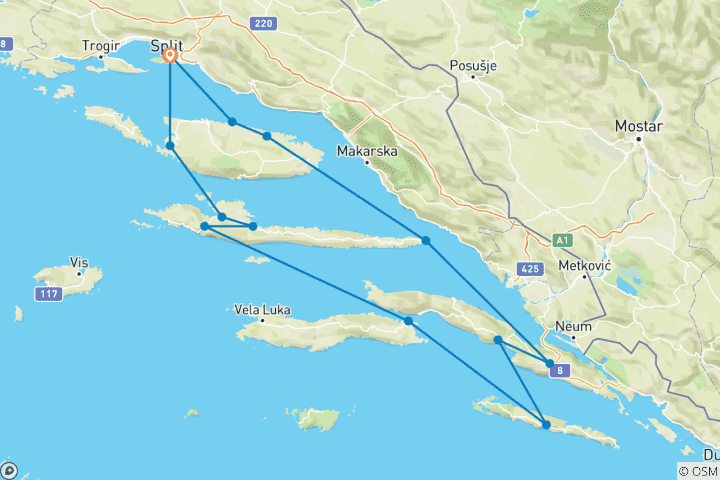 Map of Bike Cruise Dalmatia South Premium Superior