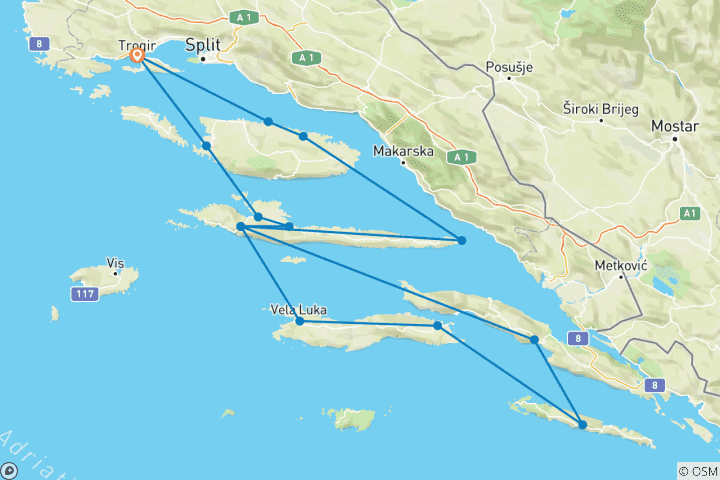 Carte du circuit Circuit à vélo en Dalmatie du Sud – Collection Adriatique