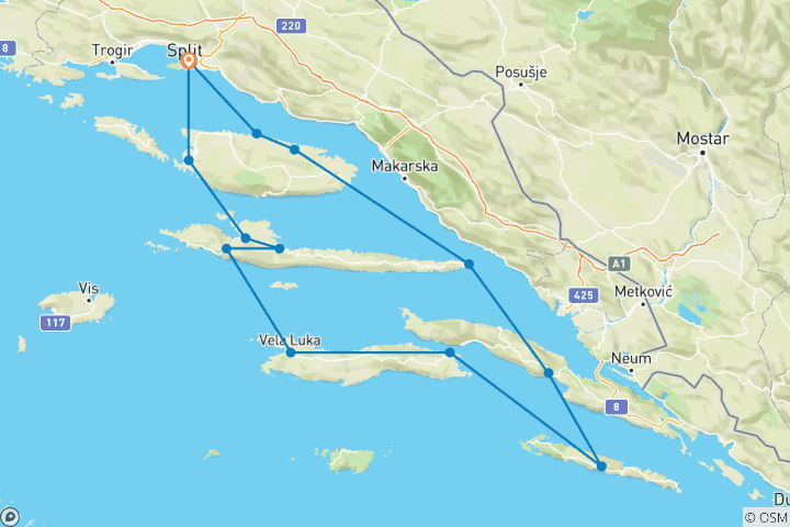 Map of Bike Cruise Dalmatia South Traditional Ensuite