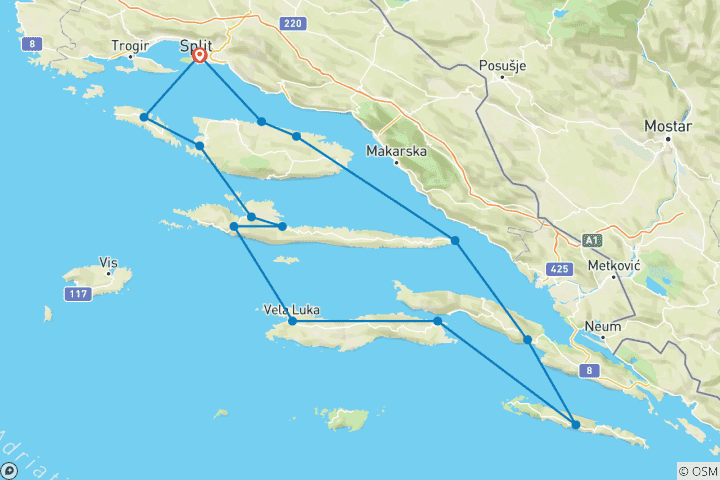 Mapa de Crucero en Bicicleta por Dalmacia Sur Ensuite Tradicional