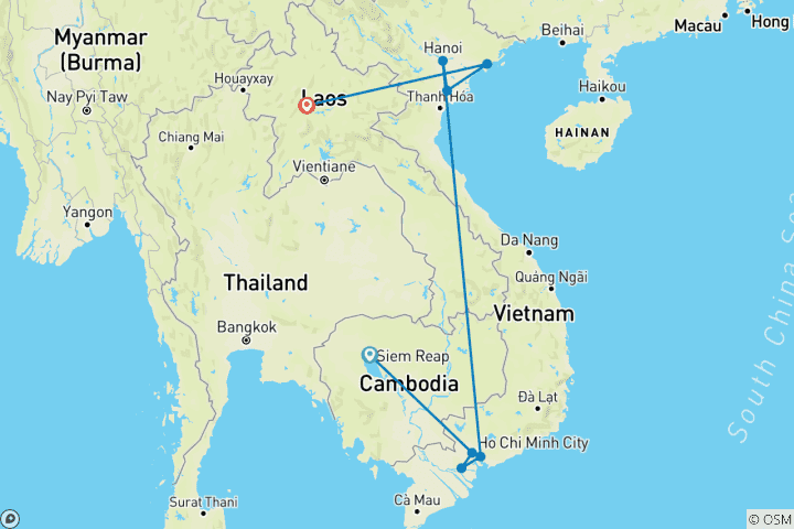 Karte von Die Essenz von Indochina: Kambodscha, Vietnam und Laos - 16 Tage