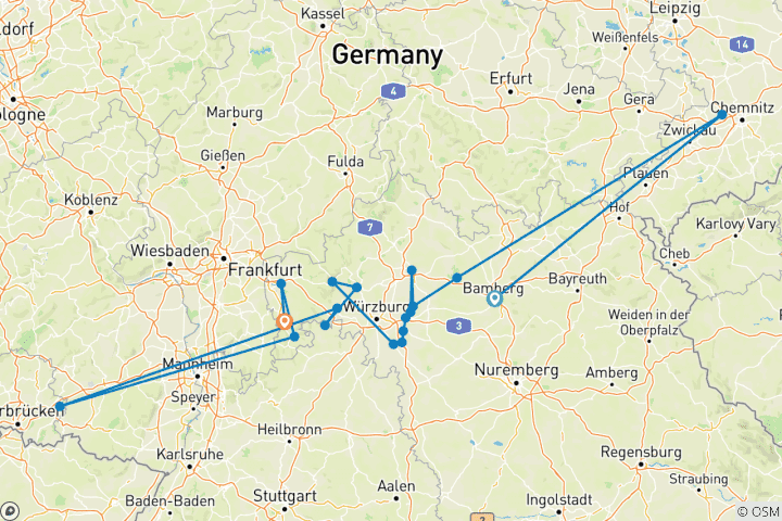 Kaart van Hoofdfietsroute 9 dagen van Bamberg naar Aschaffenburg (9 dagen)