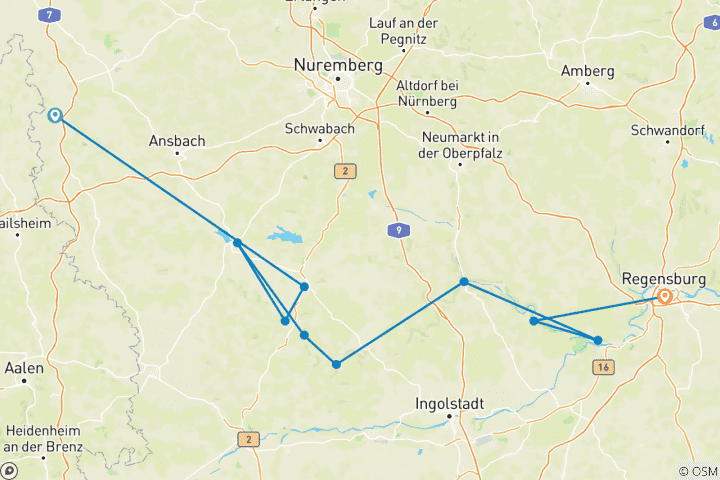 Kaart van Altmühltal - Van Rothenburg naar Regensburg (8 dagen)