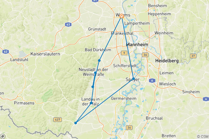 Kaart van Pfalz - Door wijngaarden en de Rijnvlakte (6 dagen)