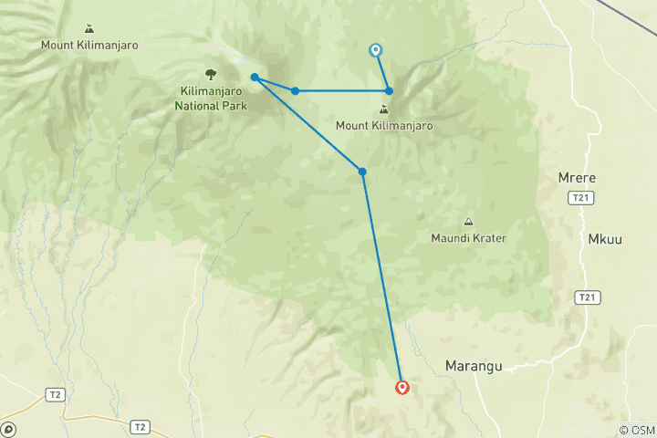 Kaart van Mount Kilimanjaro-beklimming - via de Rongai-route - incl. alle accommodatie en vervoer - 8 dagen