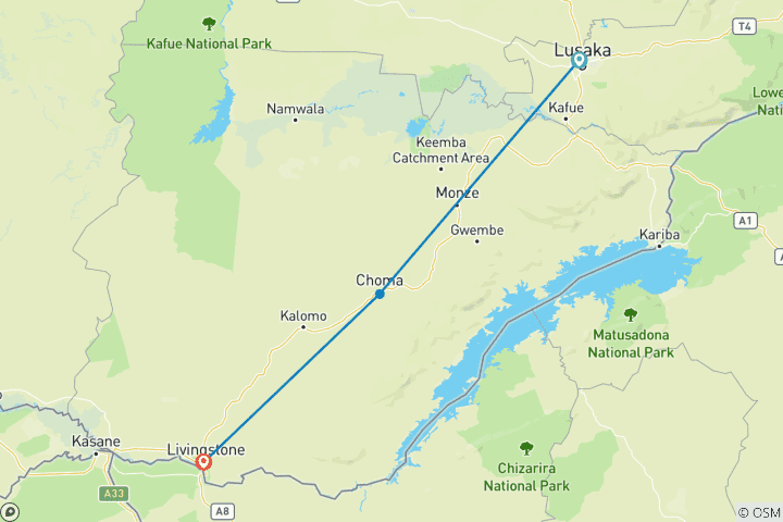 Carte du circuit Munali mixed Bicycling with Vehicle Guided Tour - - Lusaka to Livingstone - 485 kms for 13 Days