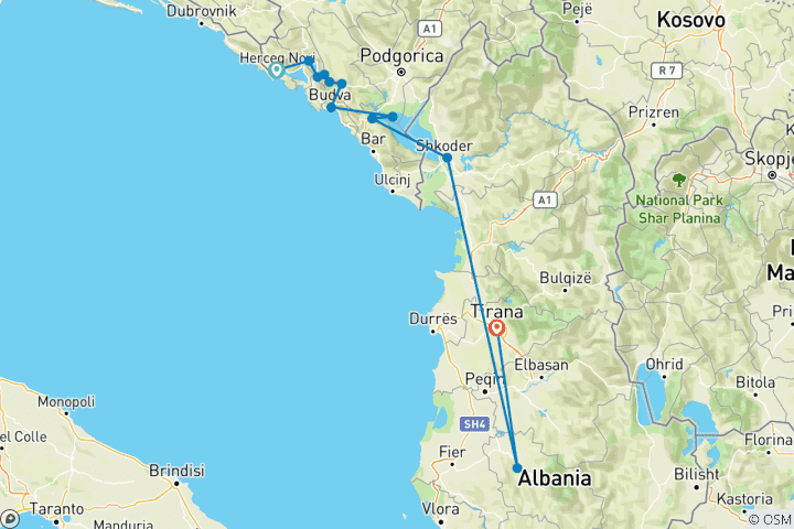 Carte du circuit Monténégro et Albanie - 7 jours