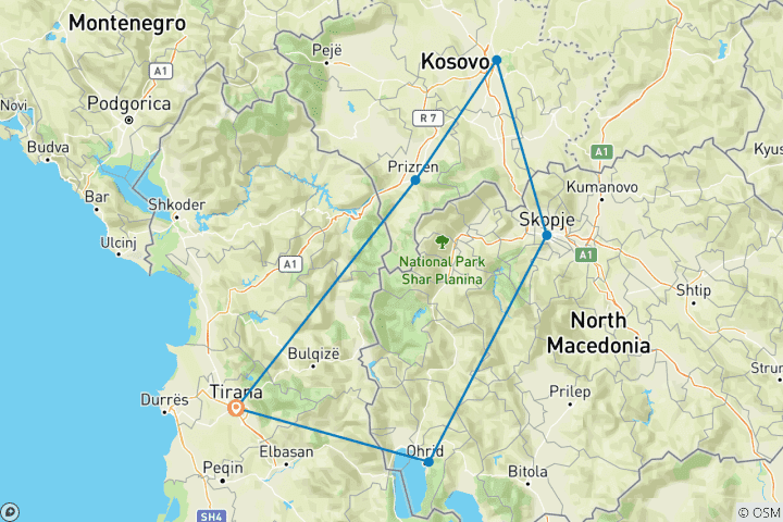 Map of Tour of North Macedonia and Kosovo in two days from Tirana