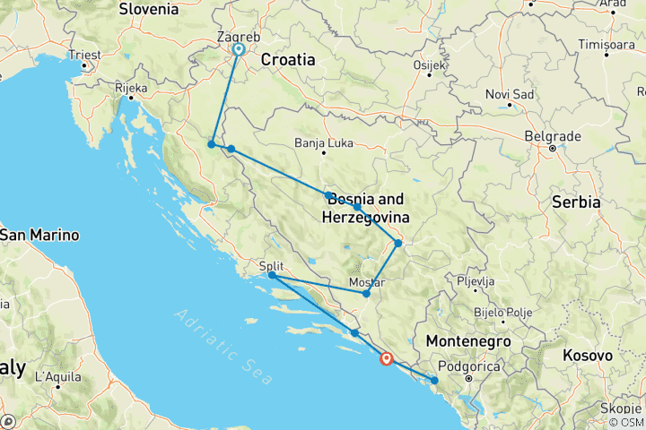 Carte du circuit Circuit de 9 jours dans les Balkans occidentaux - Croatie - Bosnie - Monténégro