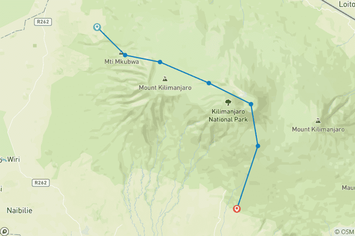 Map of 11 Days Mount Kilimanjaro Climb Northern Circuit Route. (all Accommodation & Transport are included)