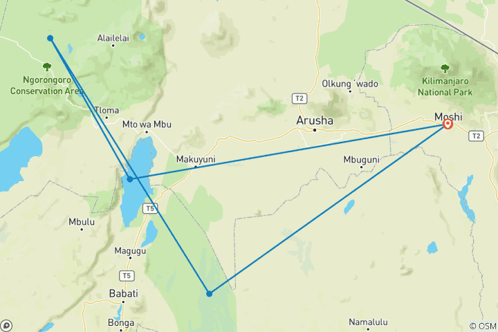 Mapa de Safari a lo mejor del Ngorongoro, Tarangire y lago Manyara - norte de Tanzania