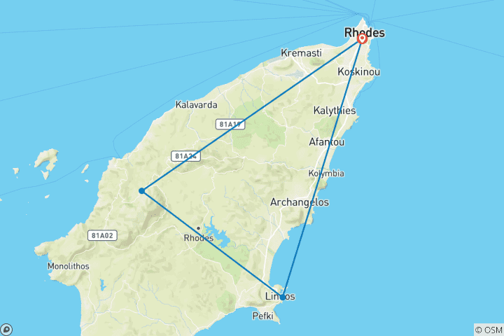 Carte du circuit Trek à Rhodes - Excursion autoguidée